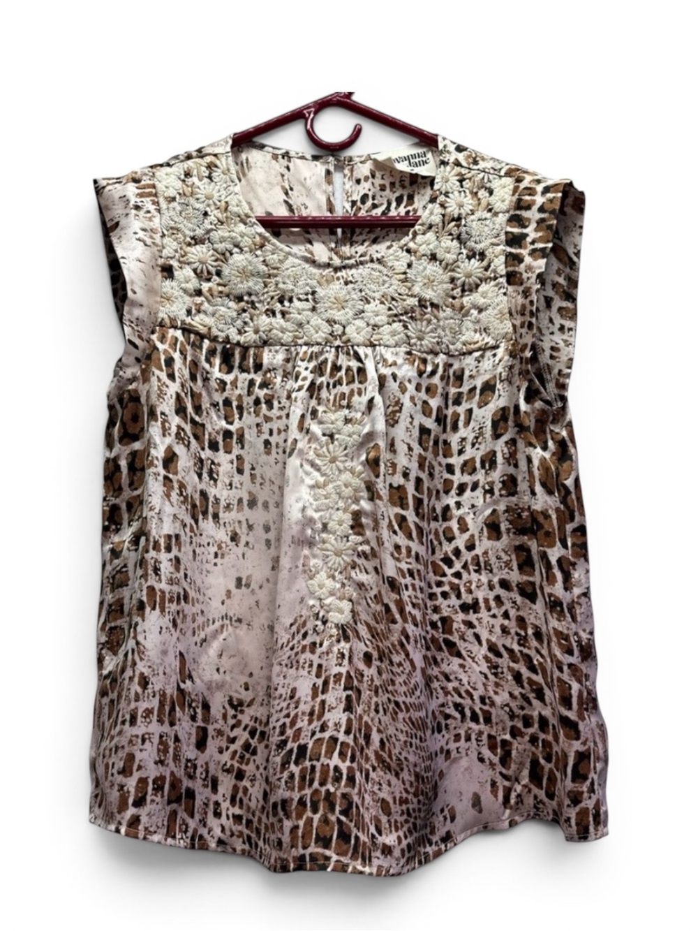 Savanna Jane Cap Sleeveless Top White Embroidery Brown White Snake Print Medium